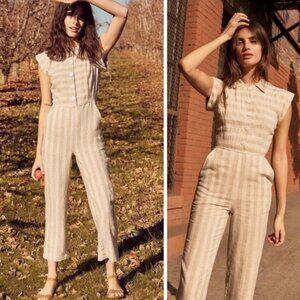 CHRISTY DAWN Phoebe Jumpsuit 100% Linen in Striped Tan Neutral - Size M